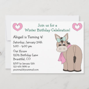 Invitation d'anniversaire d'âne d'hiver pour les f