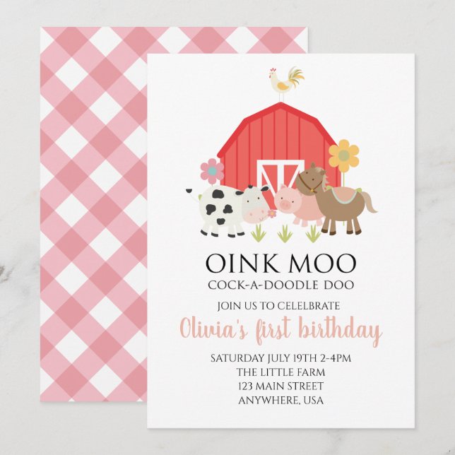 Invitation d'anniversaire d'animal de ferme avec p (Devant / Derrière)