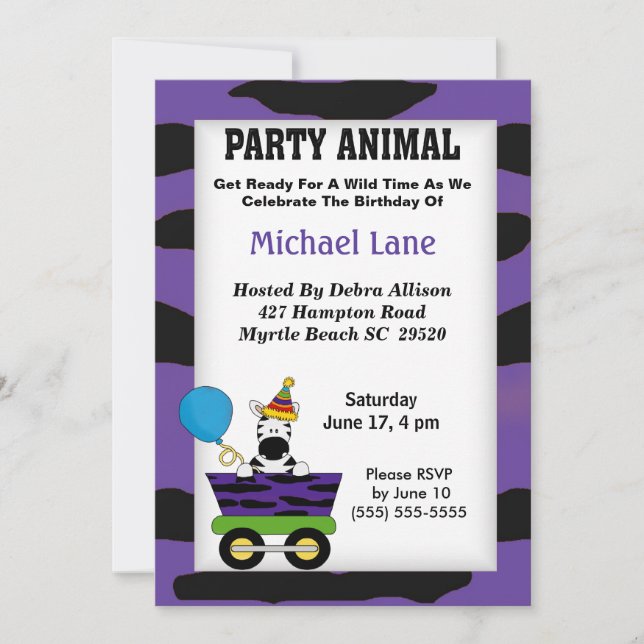 Invitation d'anniversaire d'animal de fête Zebra (Devant)