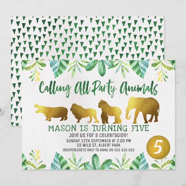 Invitation d'anniversaire d'animaux de safari d'or (Devant / Derrière)