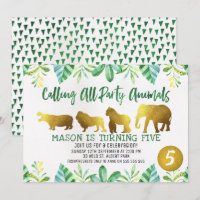 Invitation d'anniversaire d'animaux de safari d'or