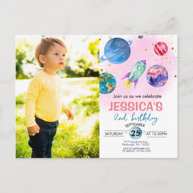 Invitation d'anniversaire d'astronaute pour une fê (Devant)