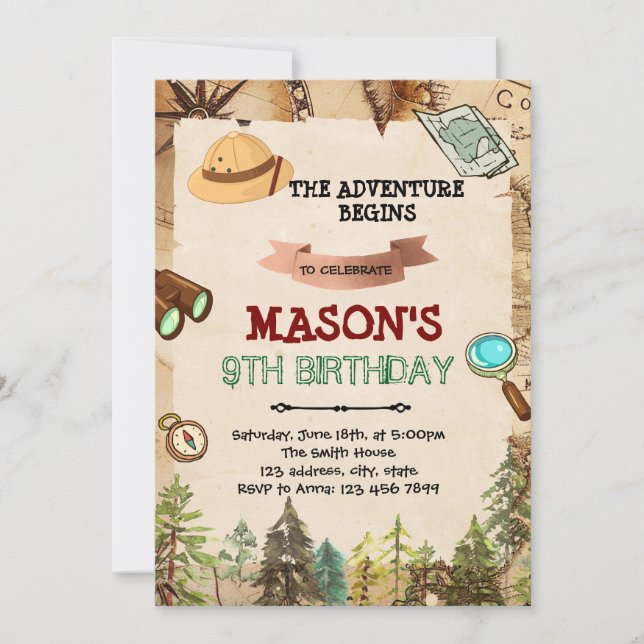 Invitation d'anniversaire d'aventure d'explorateur (Devant)