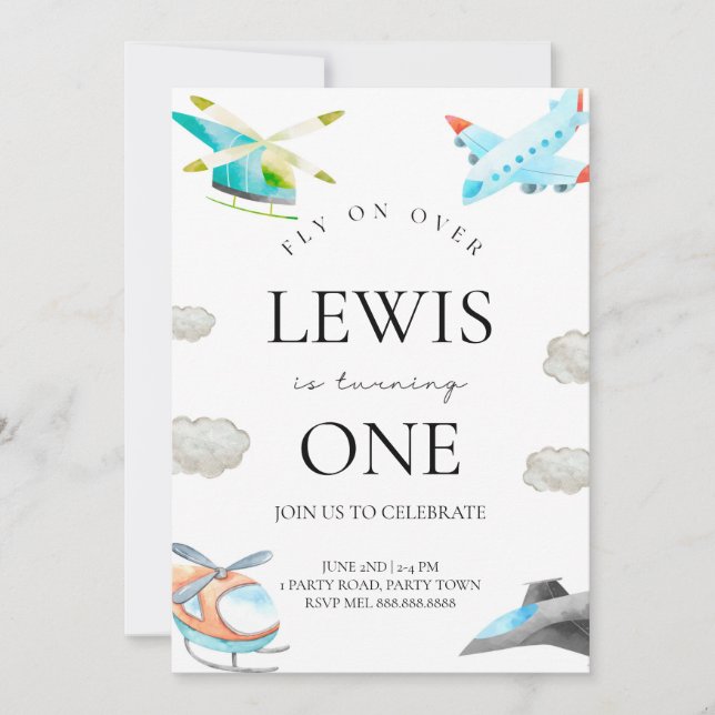Invitation d'anniversaire d'avion et d'hélicoptère (Devant)