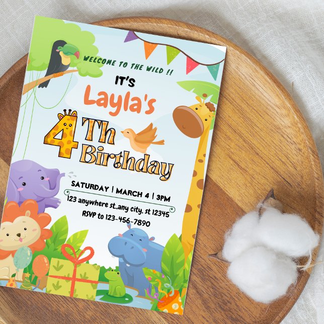 Invitation d'anniversaire de 4 ans thème Safari mi (Cute Safari Themed 4th Birthday Invitation for Kids)