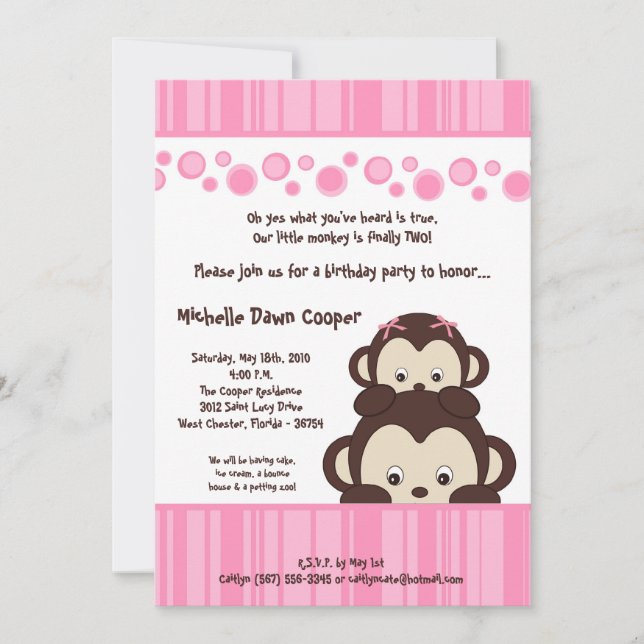 Invitation d'anniversaire de 5x7 Girly Pop Monkey (Devant)