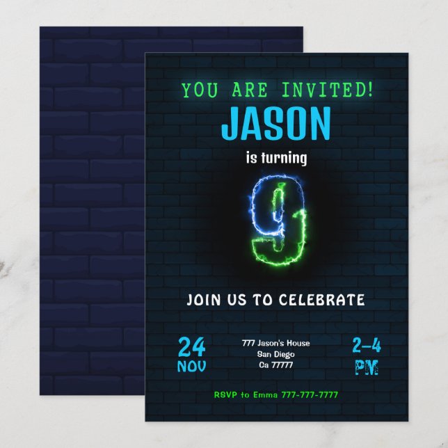 Invitation d'anniversaire de 9 ans pour garçon (Devant / Derrière)