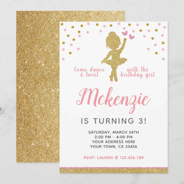 Invitation d'anniversaire de Ballerina (Devant / Derrière)