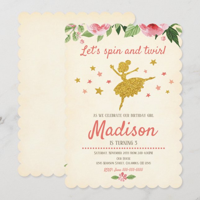 Invitation d'anniversaire de ballerine / Vintage / (Devant / Derrière)
