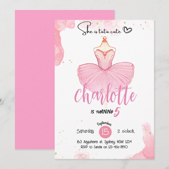 Invitation d'anniversaire de ballet mignon tutu (Devant / Derrière)