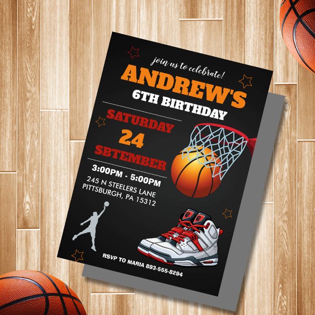 Invitation d'anniversaire de basket-ball Orange No (modern black and orange bascketball birthday invitation)