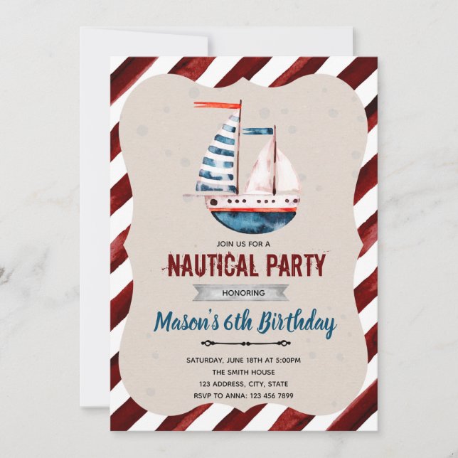 Invitation d'anniversaire de bateau nautique (Devant)