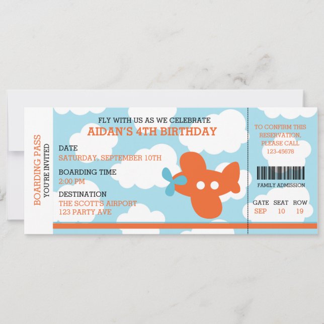 Invitation d'anniversaire de billet d'avion (carte (Devant)