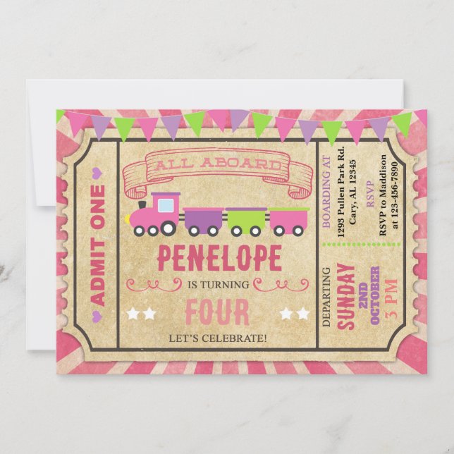 Invitation d'anniversaire de billetterie de train. (Devant)