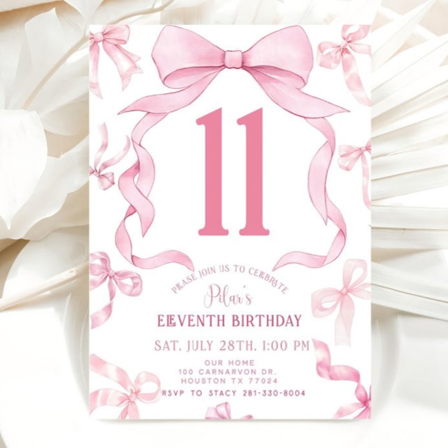 Invitation d'anniversaire de Bow rose, Filles 11e  (Créateur téléchargé)