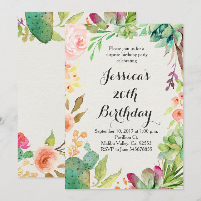 Invitation d'anniversaire de cactus (Devant / Derrière)