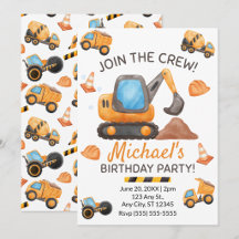 Invitation d'anniversaire de camion de constructio
