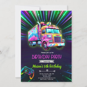 Invitation d'anniversaire de camion de jeu néon Gl