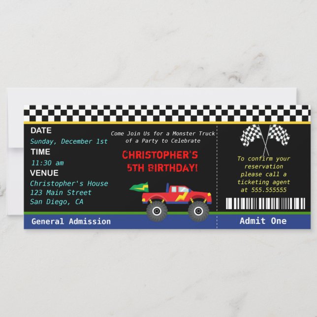 Invitation d'anniversaire de camion de monstre (Devant)