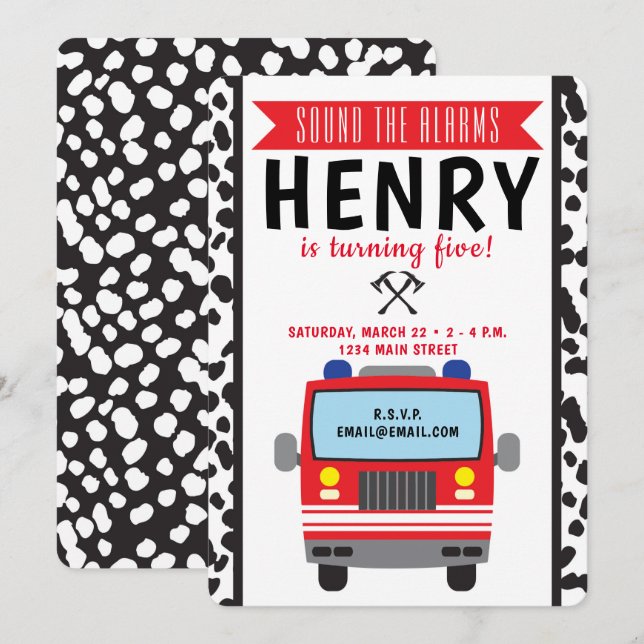 Invitation d'anniversaire de camion-feu (Devant / Derrière)