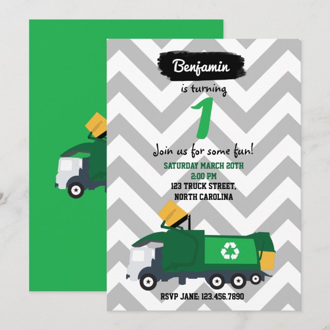 Invitation d'anniversaire de camion-poubelle pour  (Devant / Derrière)