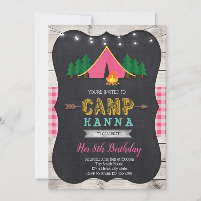 Invitation d'anniversaire de camp de fille (Devant)