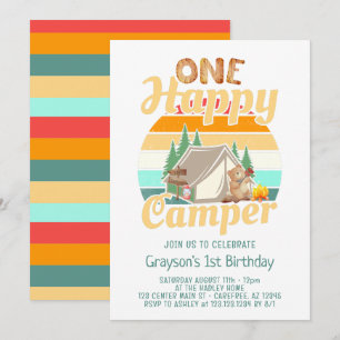Invitation d'anniversaire de campeur heureux de la