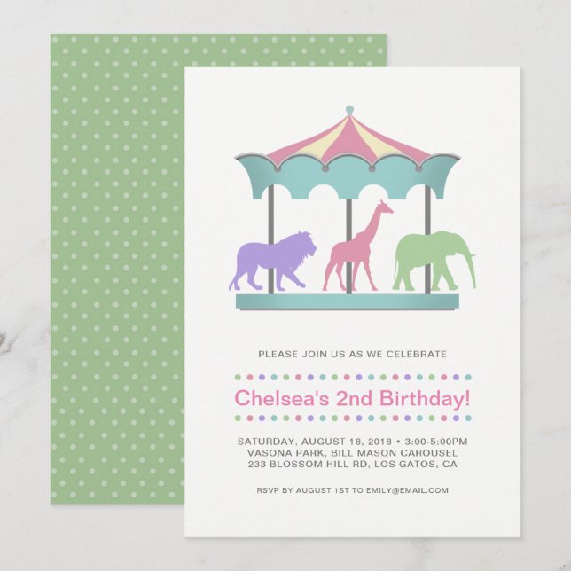 Invitation d'anniversaire de carrousel de safari (Devant / Derrière)