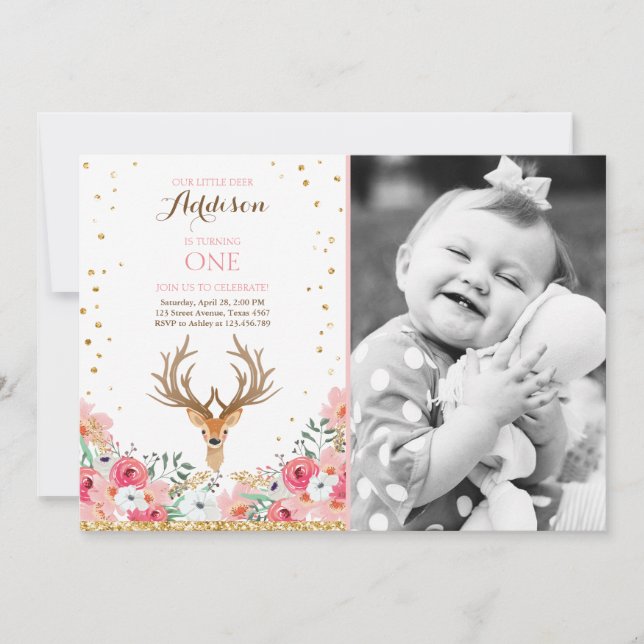 invitation d'anniversaire de cerfs Floral Woodland (Devant)