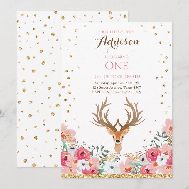 Invitation d'anniversaire de cerfs Woodland Gold P (Devant / Derrière)