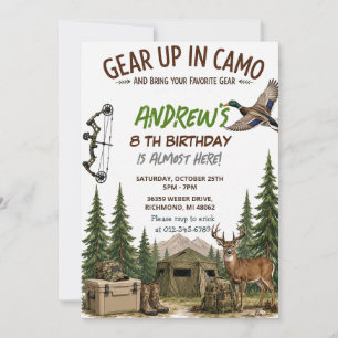 Invitation d'anniversaire de chasse garçon camoufl