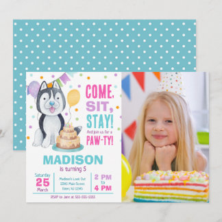 Invitation d'anniversaire de chiot photo fille Paw