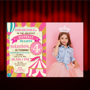 Invitation d'anniversaire de cirque Carnaval Rose