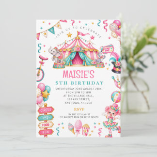 Invitation d'anniversaire de cirque rose pour fill