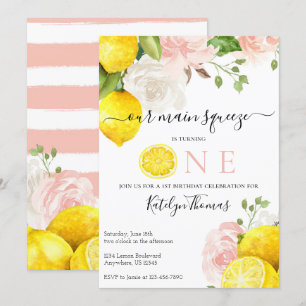 Invitation d'anniversaire de citron avec fleurs ro