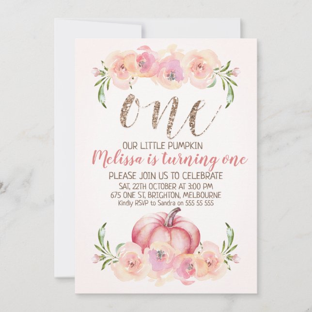 Invitation d'anniversaire de citrouille rose d'or (Devant)