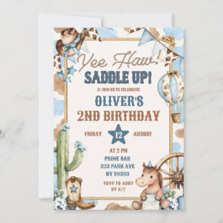 Invitation d'anniversaire de cowboy Yee Haw bleue