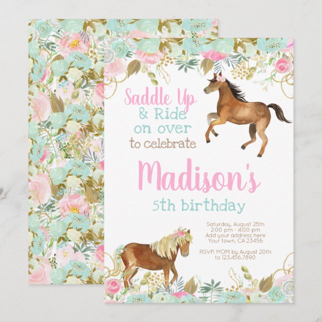 Invitation d'anniversaire de Cowgirl à cheval (Devant / Derrière)