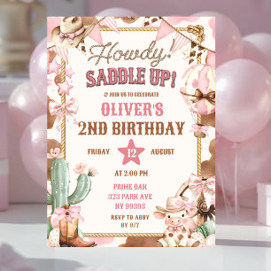 Invitation d'anniversaire de cowgirl Howdy rose