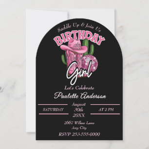 Invitation d'anniversaire de cowgirl rose avec sty