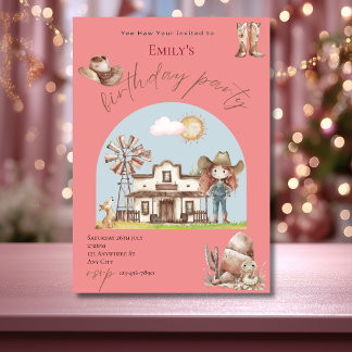 Invitation d'anniversaire de cowgirl rose mignonne