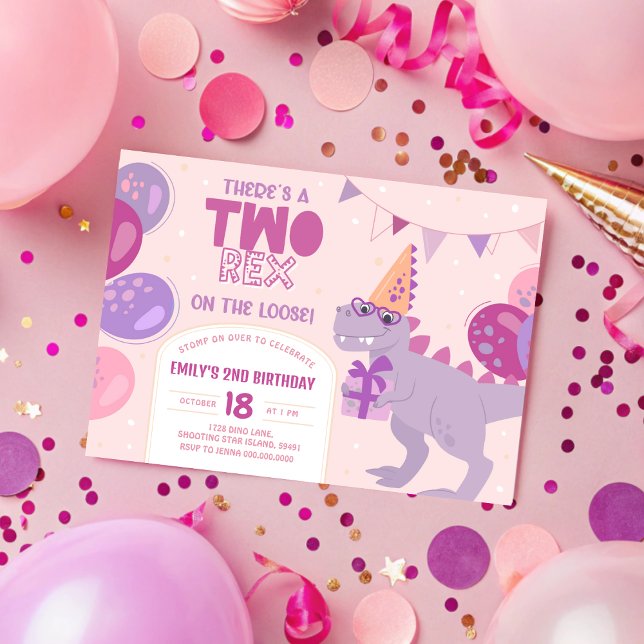 Invitation d'anniversaire de deux filles Rex. Dino (Two Rex Girl Birthday Invitation. Dino 2nd Invite. Printable Dinosaur Second Birthday. Modern Kids T)