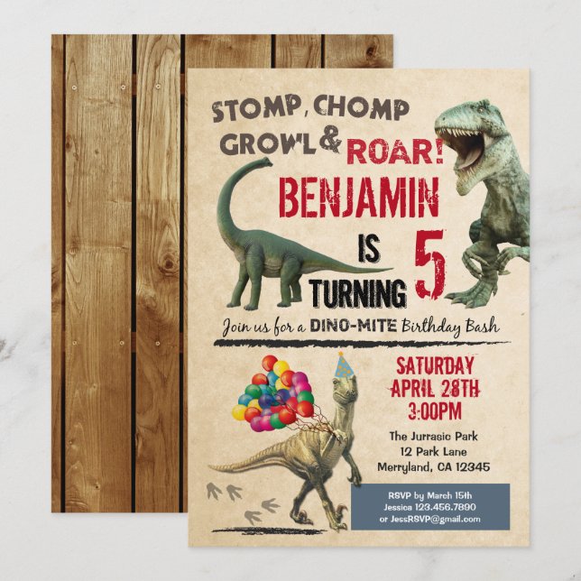 Invitation d'anniversaire de Dinosaur (Devant / Derrière)