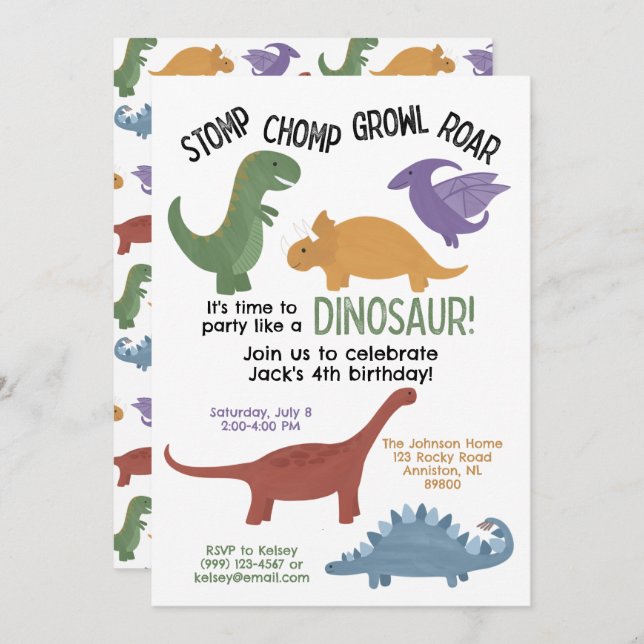 Invitation d'anniversaire de Dinosaur (Devant / Derrière)