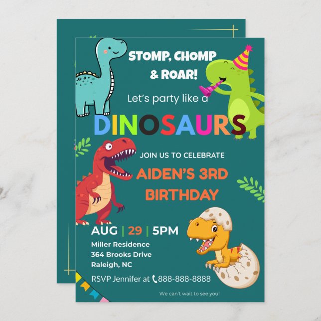 Invitation d'anniversaire de Dinosaur - modifiable (Devant / Derrière)