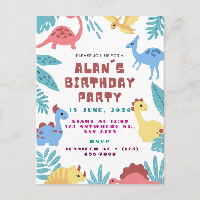 Invitation d'anniversaire de dinosaure mignon (Devant)