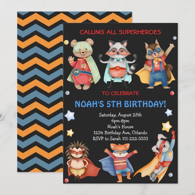 Invitation d'Anniversaire de enfant des superhéros (Devant / Derrière)