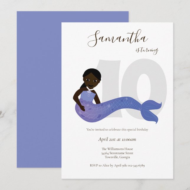 Invitation d'Anniversaire de enfant mauve de sirèn (Devant / Derrière)