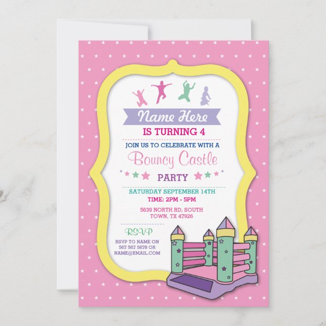 Invitation d'Anniversaire de enfant rose de Bouncy (Devant)