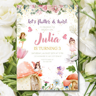Invitation d'anniversaire de fée florale, filles d